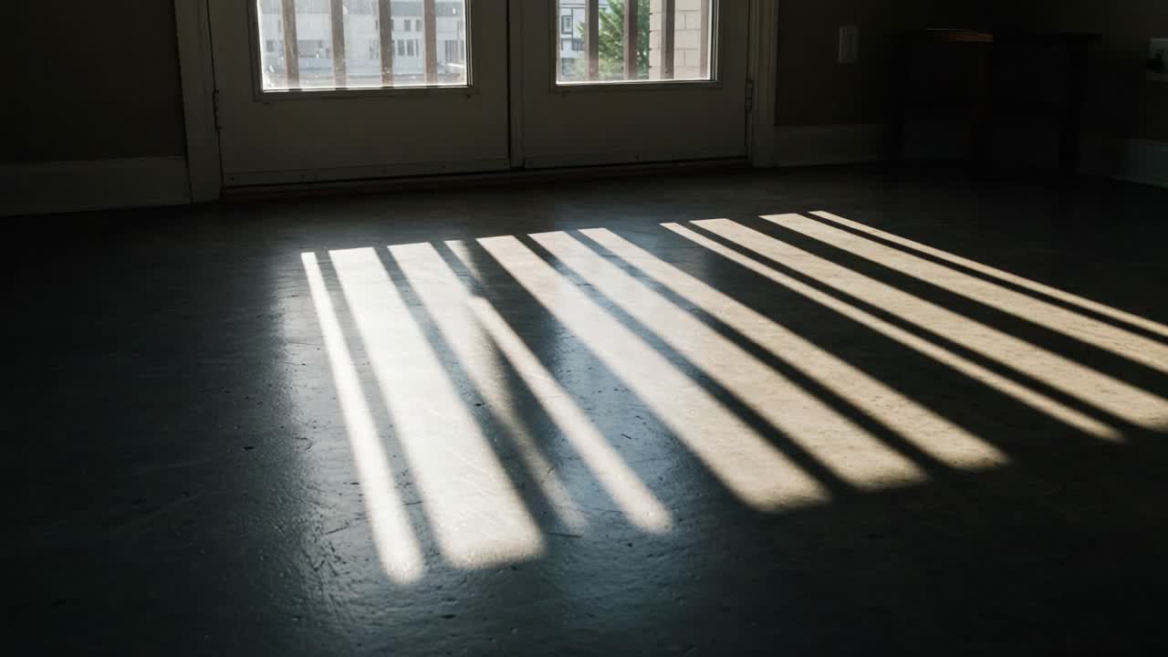 Natural Light Streaming Through the Windows Casts Beautiful Shadows on the Floor, Creating a Serene Atmosphere in the Empty Room