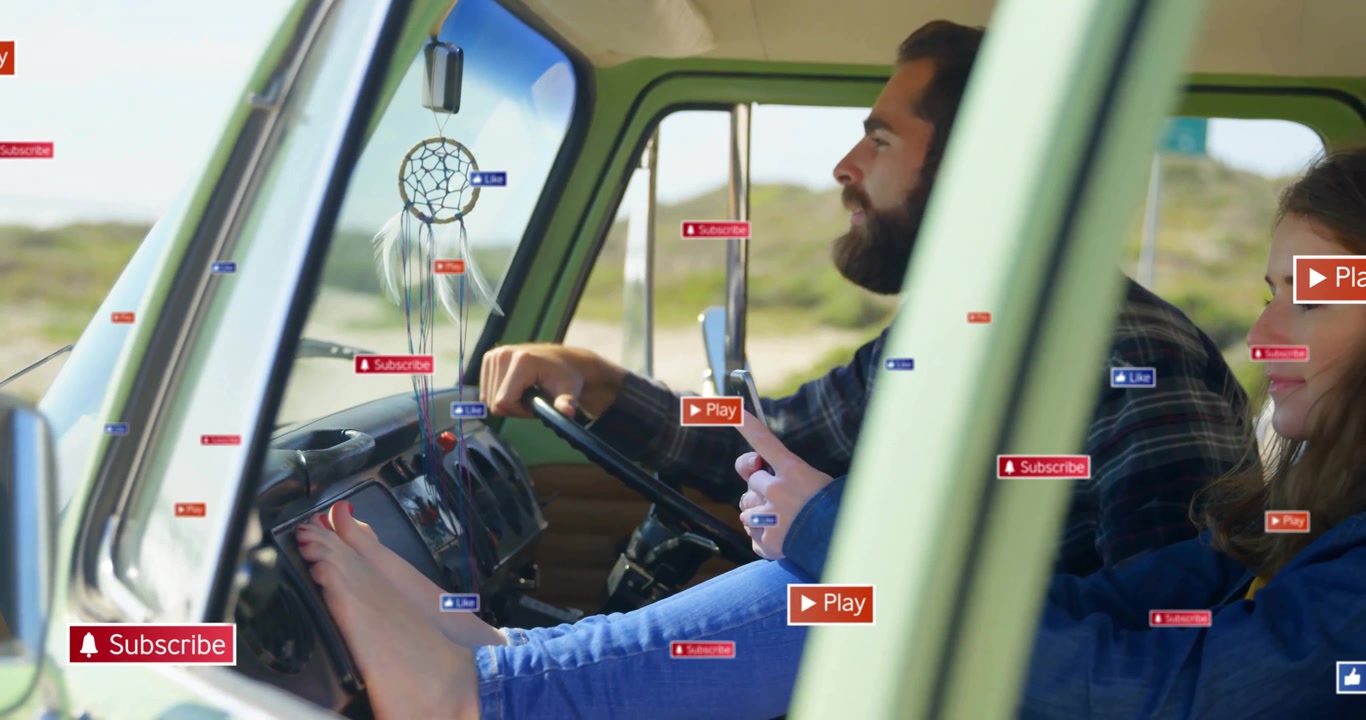 Sitting in van, man holding smartphone with social media interaction animation over