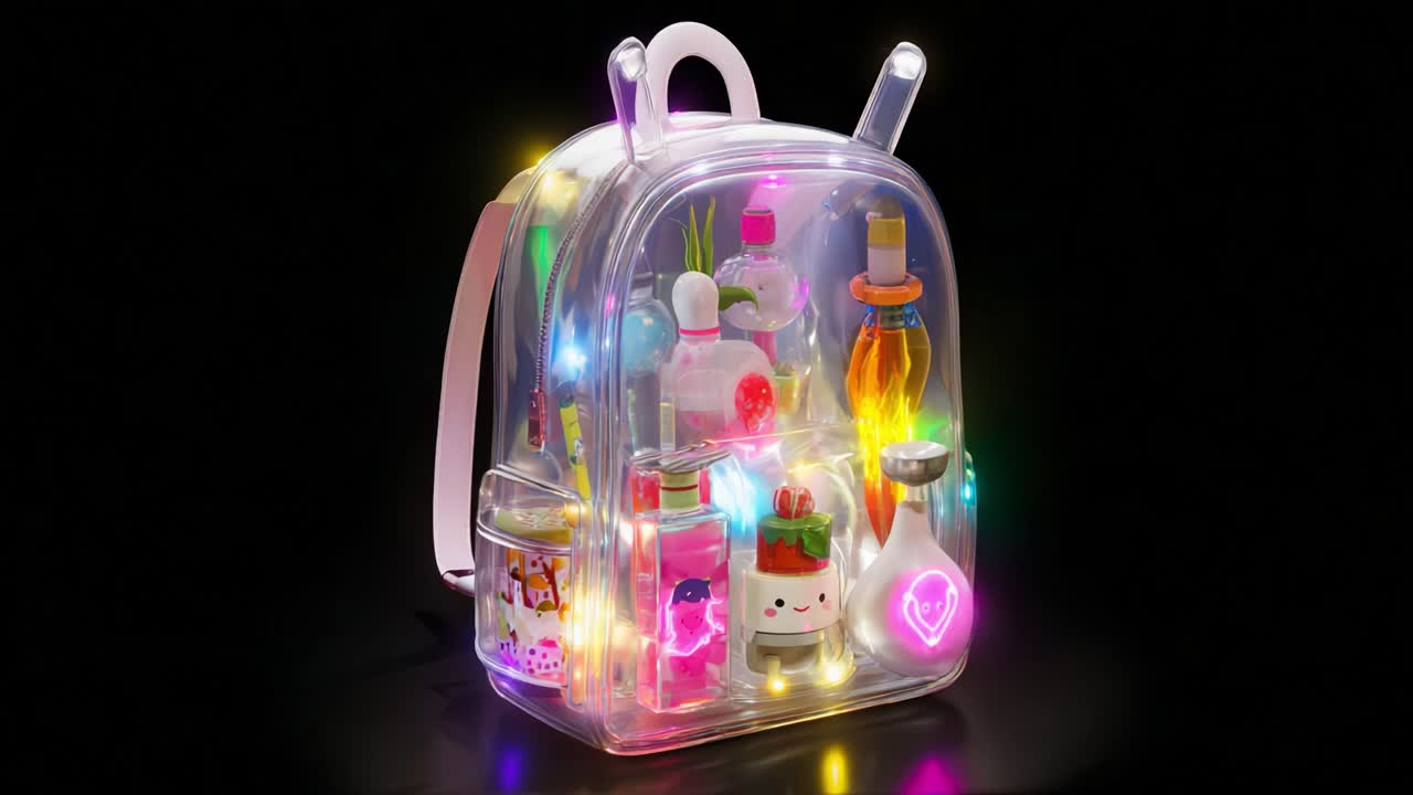 Illuminated Backpack with Clear Design Showcasing Colorful Bottles and Adorable Characters, Perfect for Creative Minds and Young Trendsetters Who Love Unique Accessories