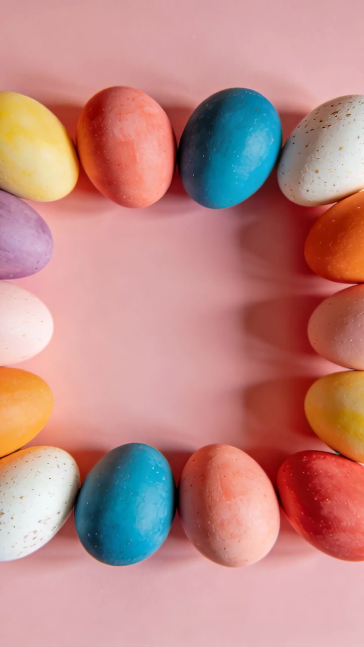 Vertical video: Dyed eggs framing pastel pink center, cam rising showing empty space for design