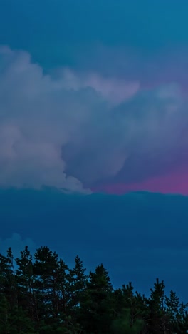 timelapse of sunset and clouds over a forest - vertical shot