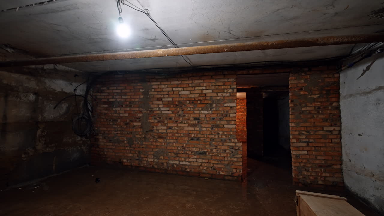 Single light bulb illuminating the room with bare brick walls. Some pipes are at the ceiling of the basement premise.