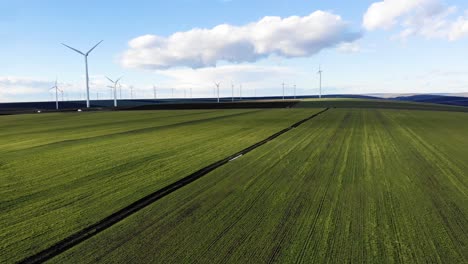 Windmills-On-Evergreen-Field-During-Summer-On-A-Sunny-Day-Near-Countryside