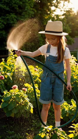 young girl watering plants in a sunny garden