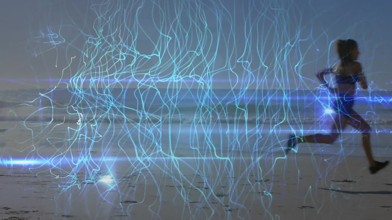 animación de líneas azules sobre mujer caucásica corriendo en la playa