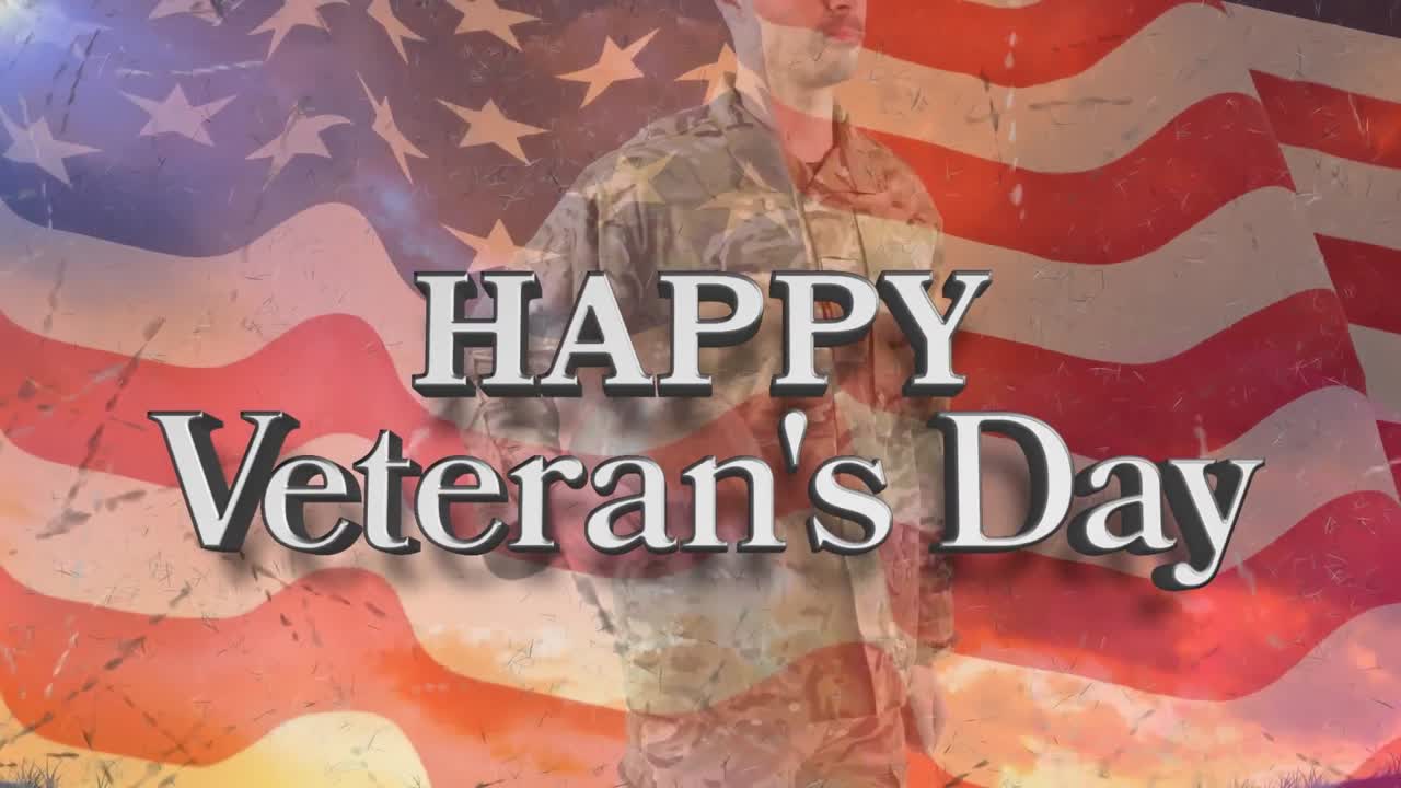 Animation of happy veteran's day text over mixed race male soldier and american flag