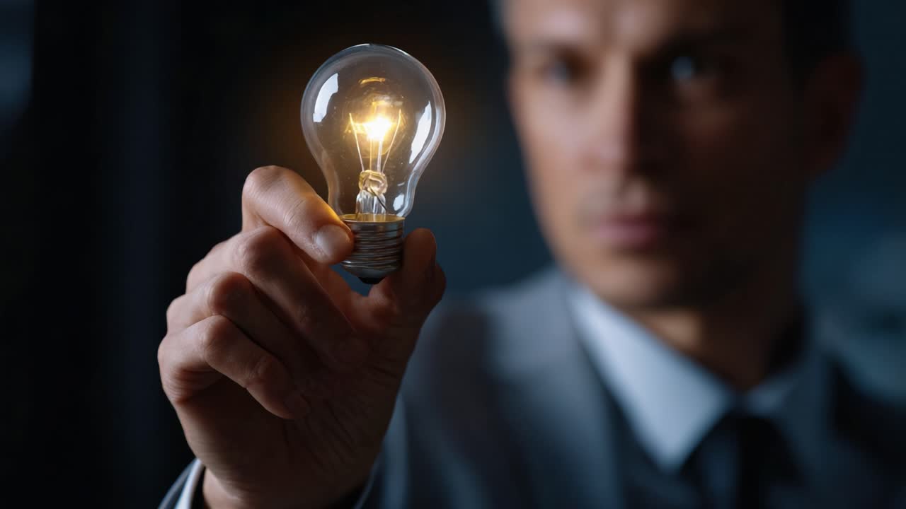 A man showcases a glowing lightbulb, symbolizing innovation and inspiration, as it illuminates his face and emphasizes creativity in a professional setting