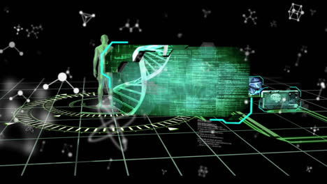 Animation of molecular structures over interface with medical data processing on black background