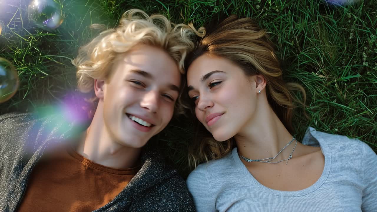 Due giovani sono sdraiati sull'erba, sorridendo dolcemente. Bolle fluttuano sopra di loro, catturando la luce con tenui sfumature. Le loro espressioni rilassate suggeriscono una gioia pacifica nella natura.