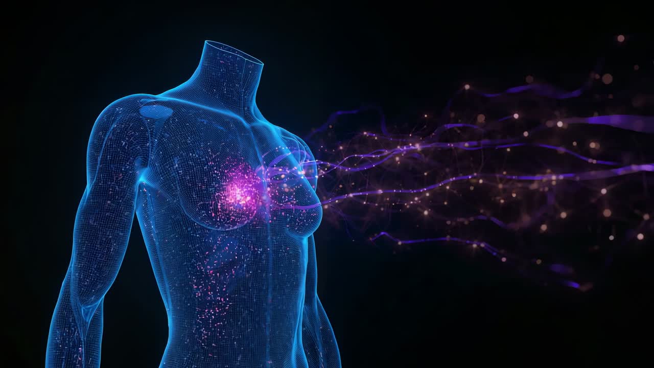 Torso azul absorbente que emite flujos púrpuras desde la derecha en el vacío, con un cúmulo rosa resplandeciente a la izquierda.