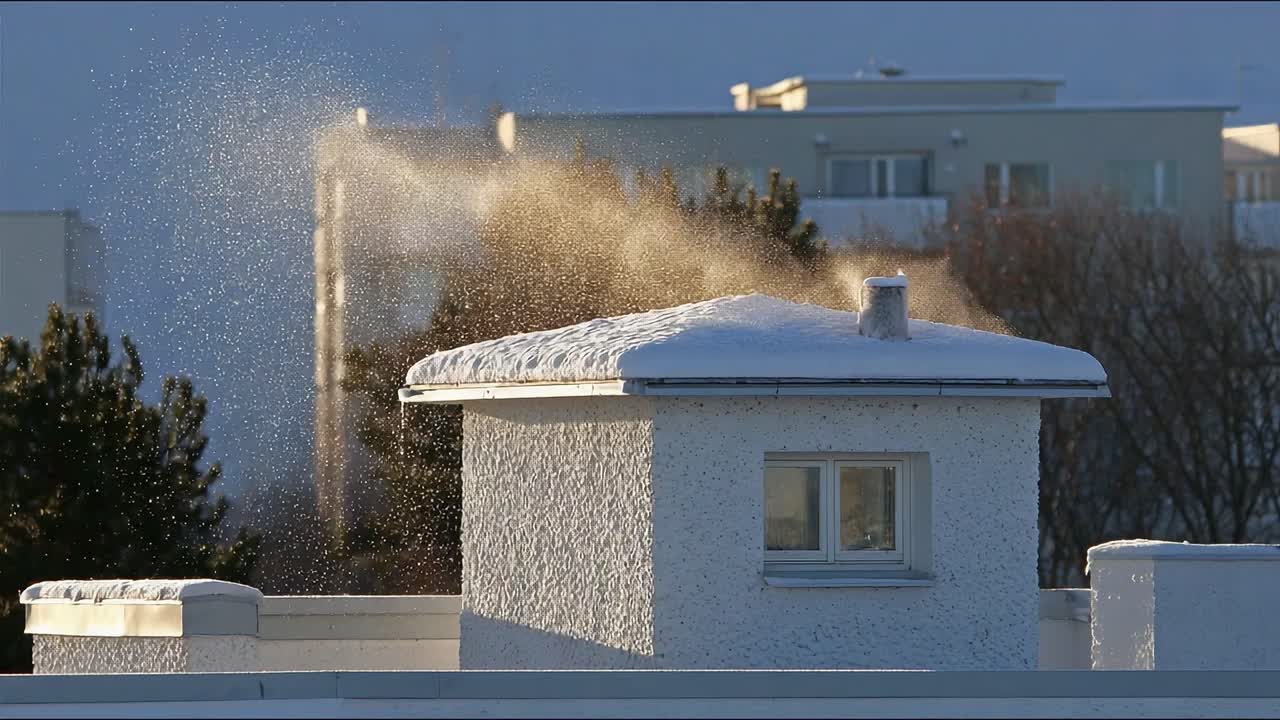 A Winter Scene of Snowflakes Dancing in the Air Above a Rooftop, Capturing the Essence of Cold Weather and its Beautiful Effects on Urban Architecture