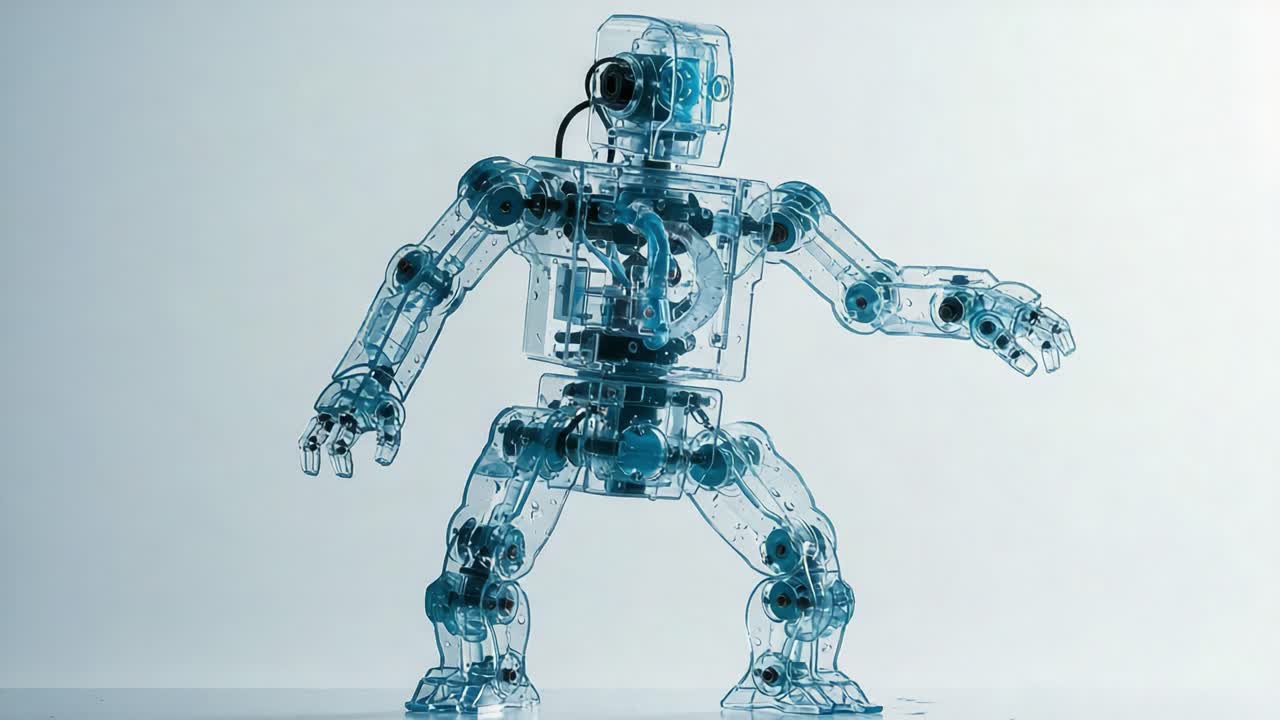 Transparent Robotic Figure Exhibiting Articulation and Movement in Captivating Visual Display of Technology and Innovation