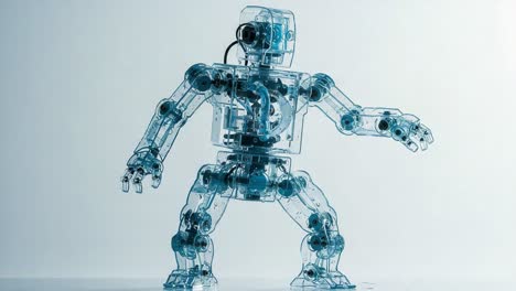 transparent robotic figure exhibiting articulation and movement in captivating visual display of technology and innovation