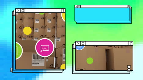 animación de iconos digitales, procesamiento de datos y pilas de cajas de cartón