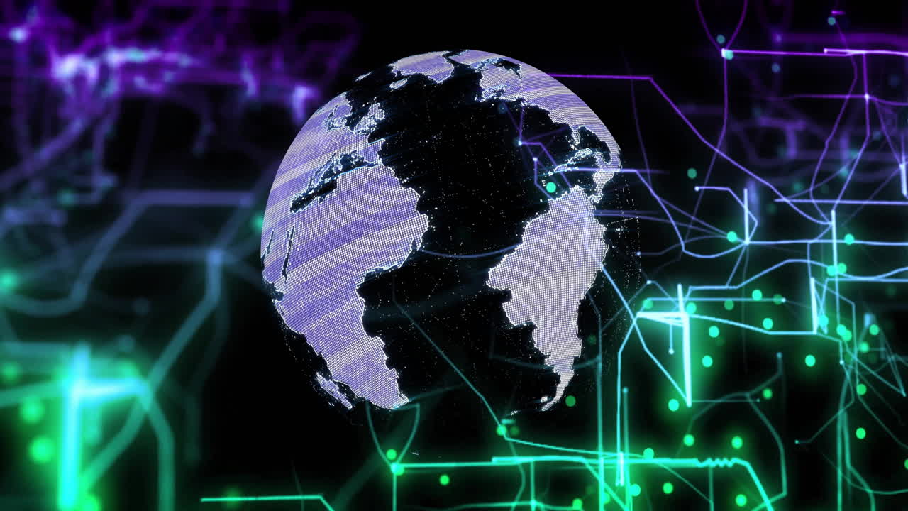 Animazione della Terra rotante con connessioni di rete digitali su uno sfondo scuro