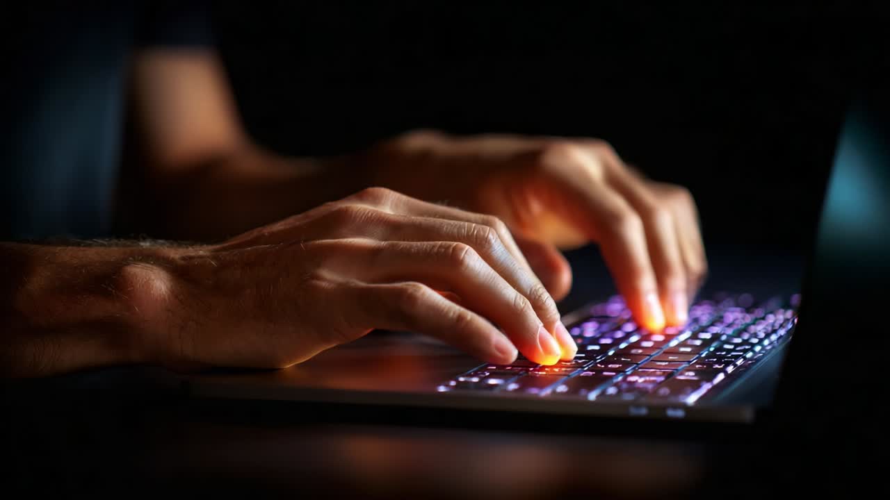 Close-Up of Hands Typing on a Laptop Keyboard at Night with Colorful Backlighting, Highlighting the Intricate Details of Each Key and the Dynamic Motion of the Fingers Engaged in the Writing Process