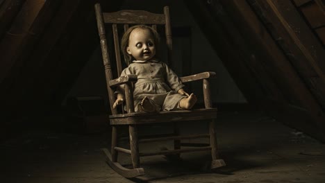 an eerie doll in a rocking chair captured in an attic setting, creating a haunting atmosphere with dark shadows and vintage charm