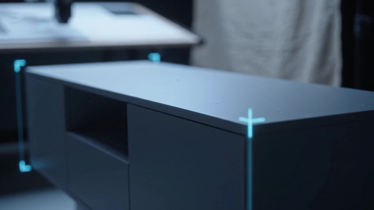 Innovative Robotic Arm Performing Precision Measurement on Modern Furniture Design in a Futuristic Workshop Environment with Enhanced Visual Detection Technology