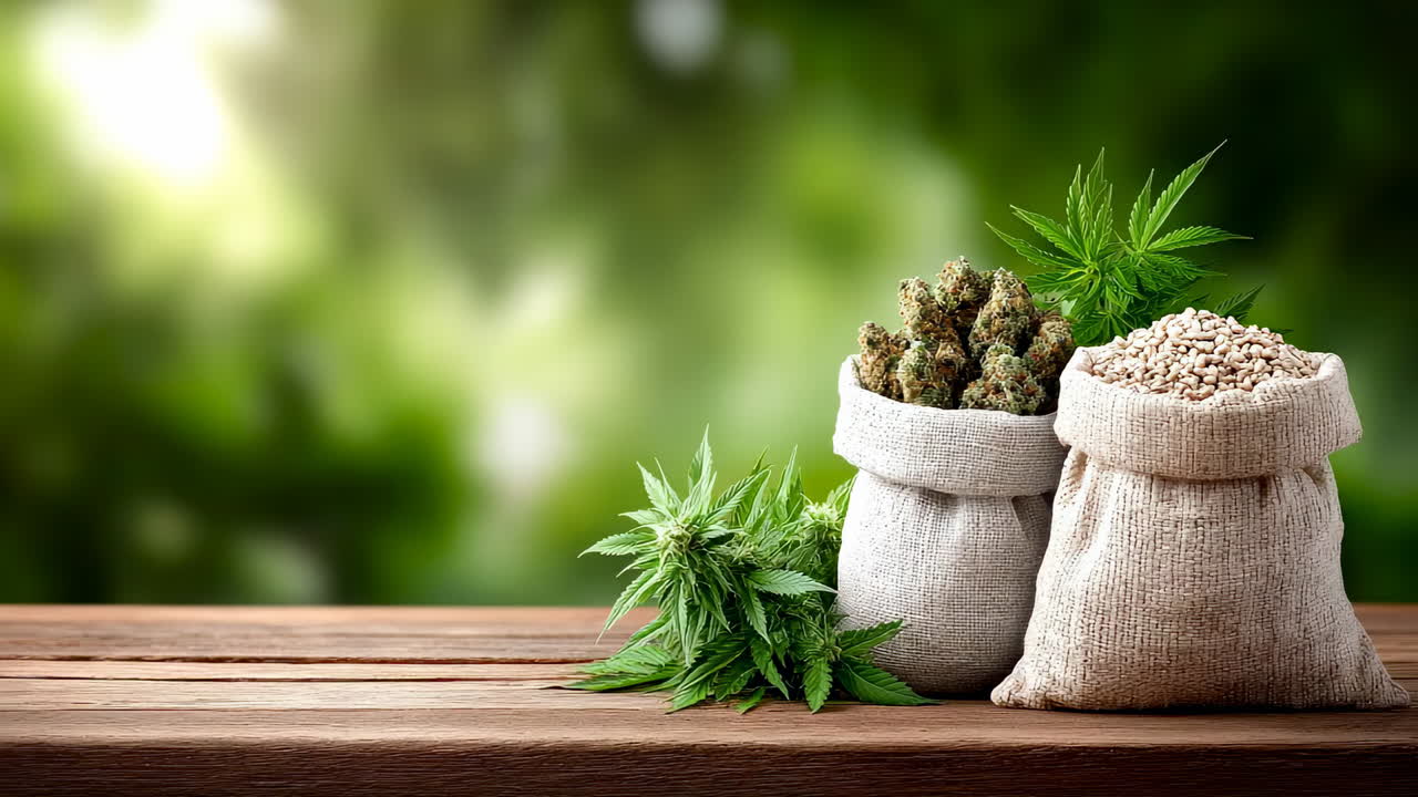 Burlap cannabis on wood table. Burlap bags filled with cannabis buds and seeds sit on a wooden table surrounded by green plants outdoors