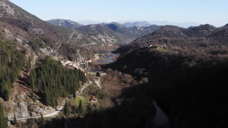 AERIAL---Pavlova-Strana-viewpoint-close-to-Lake-Skadar,-Montenegro,-forward-shot