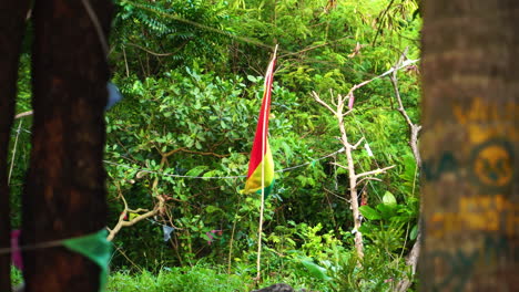 la bandiera dei rastafari sventola tra alcuni alberi sull'isola di koh phi phi in thailandia