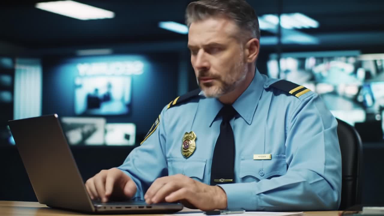 Focused Security Officer Analyzing Data on Laptop in High-Tech Surveillance Control Room with Monitors and Equipment in Background