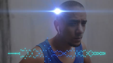 animación del medidor de pico de audio azul sobre un atleta masculino que hace ejercicio al aire libre con auriculares inalámbricos