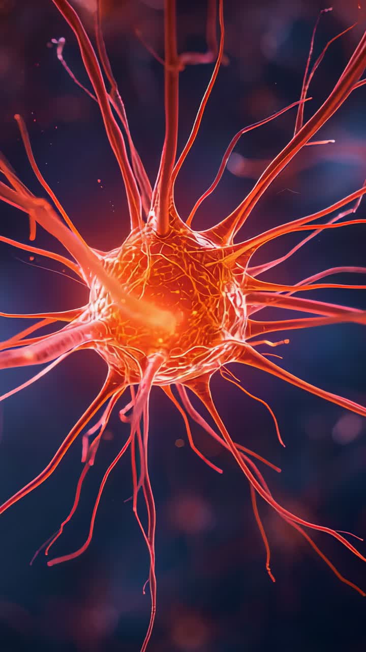 Vertical video: Camera shifting, soma drifting left under scope, revealing filaments and specks