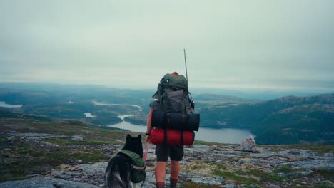 hiker and his alaskan malamute dog walking in trail along lake elgsjøen in norway - wide shot