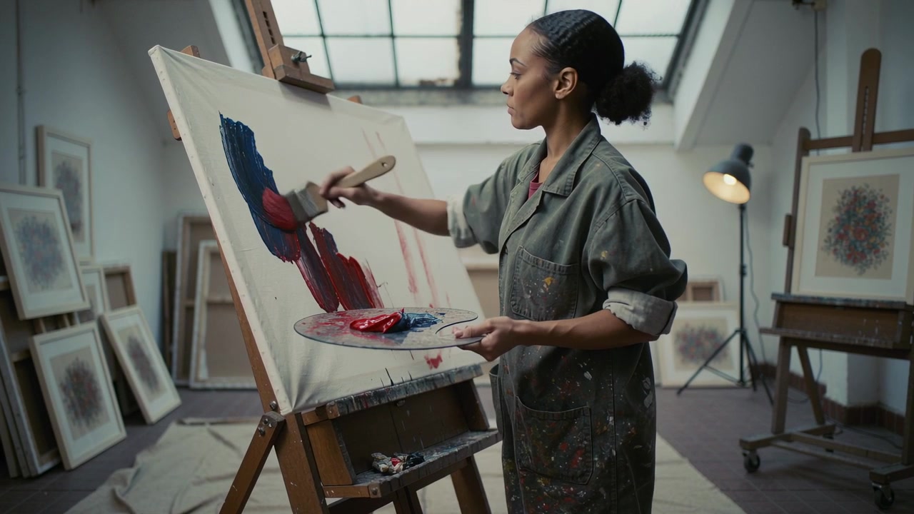 Loading wide brush from palette, artist in smock making red blue strokes at studio easel, composing
