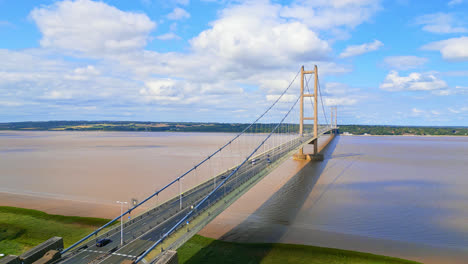 Aerial-drone-shot-of-Humber-Bridge:-river,-traffic,-Lincolnshire-to-Humberside