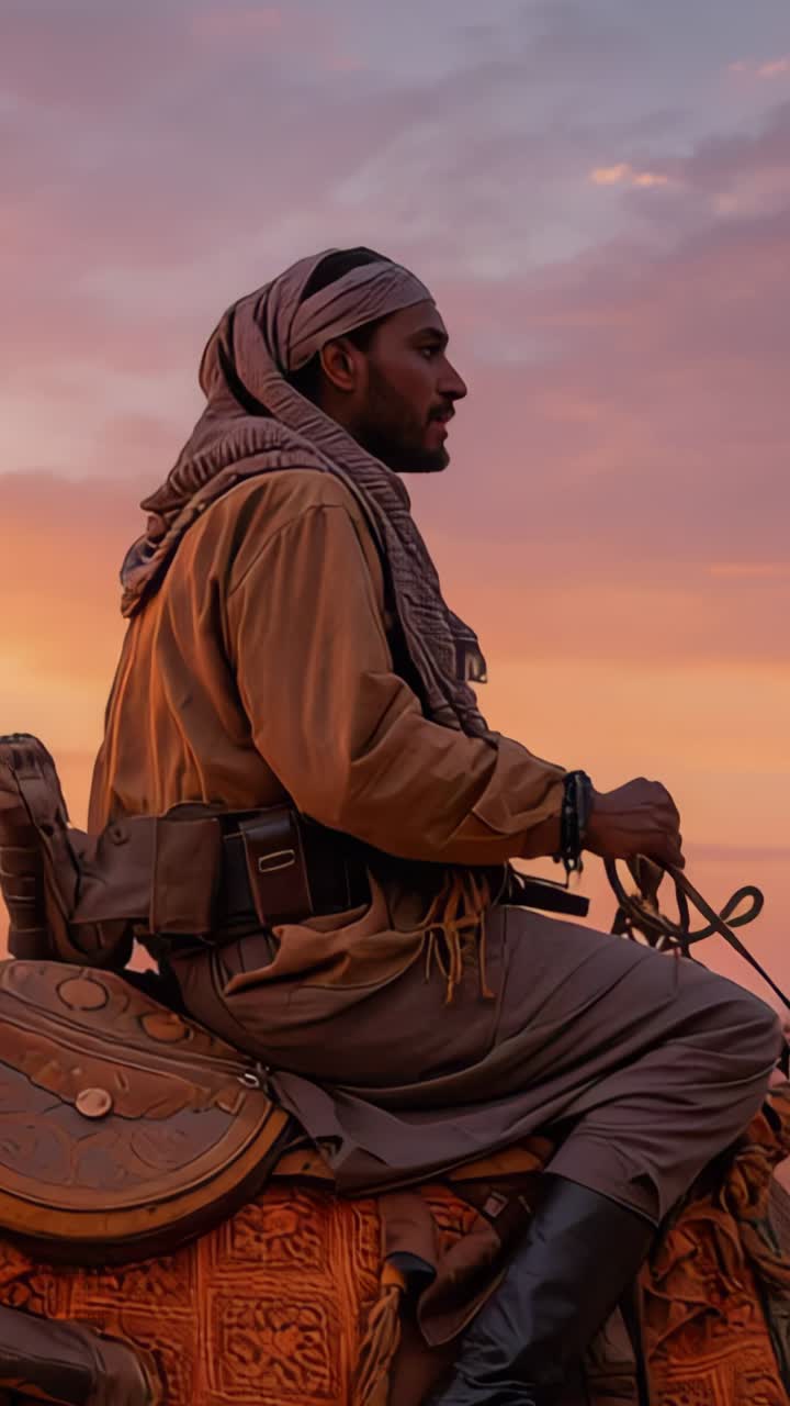 Vertical video: Gripping reins, man wearing tunic guiding camel through desert dusk, with saddle
