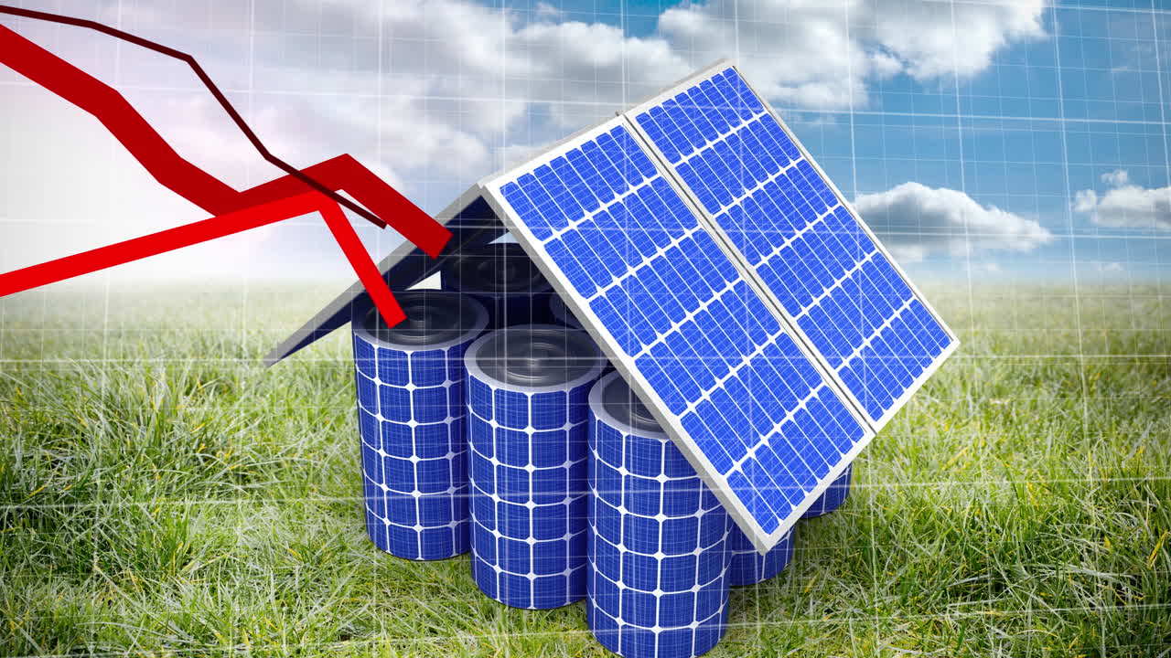 태양광 패널로 만들어진 집을 상대로 그리드 네트워크를 이동하는 여러 파란 그래프