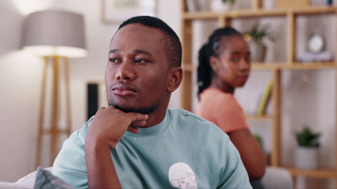 Sad man, fight and anxiety of couple with problem