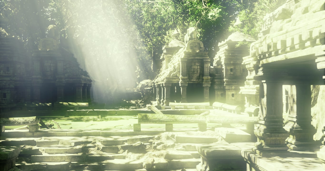 Calm religious sanctuary with peaceful water and mossy surroundings