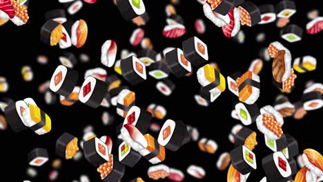 sushi pieces falling against a black background