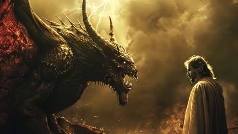 confrontation of man and dragon amidst a lightning storm