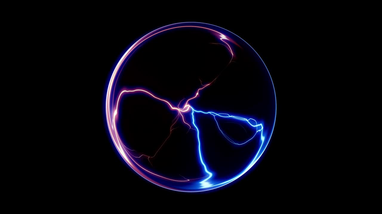 Blue and pink electricity arcs and flashes inside glass plasma ball on black background. For science, technology, energy, or magical concepts