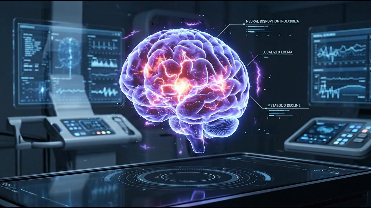 Purple and blue brain hologram displayed across advanced clinical workstation