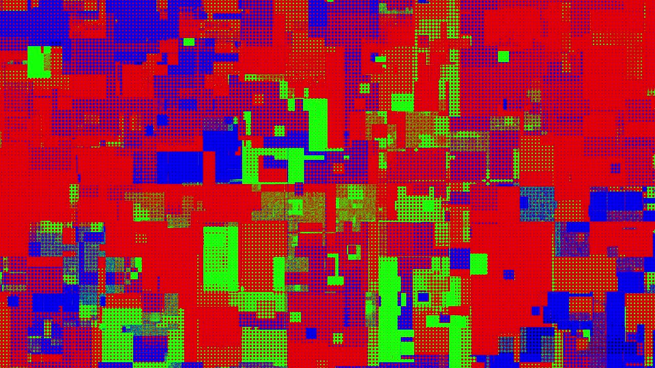 Sfondo glitch art RGB, errore pixelato a mezzatinta vibrante, pattern astratto di corruzione dati ripetibile.