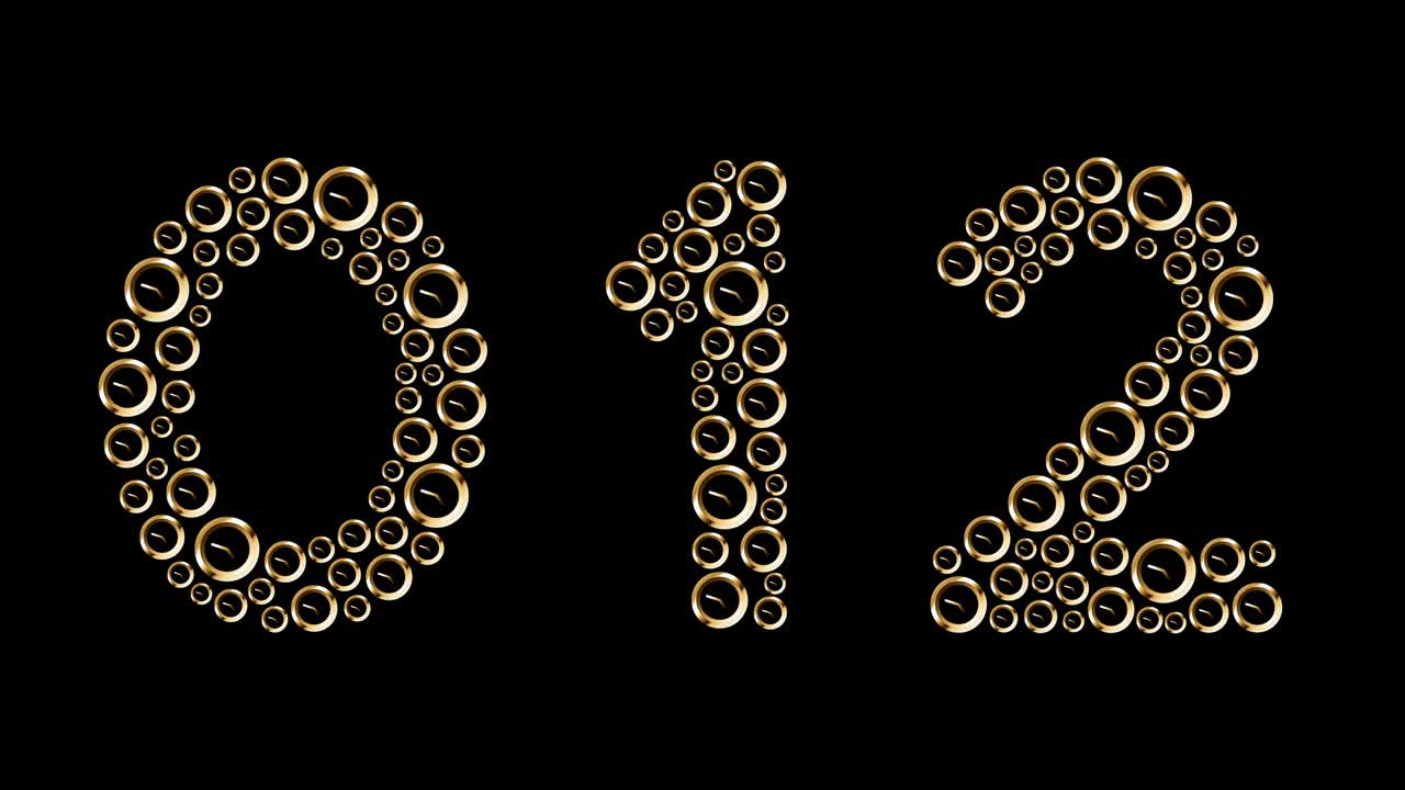 Alphabet set letter number zero to nine and punctuation, Clock pattern, Time system concept design illustration gold color isolated on black background animation 4K