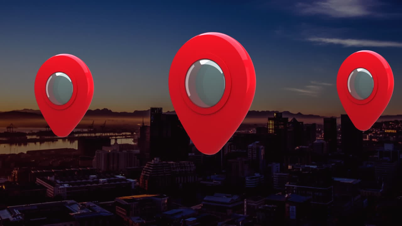 animación de iconos de ubicación con la ciudad en el fondo