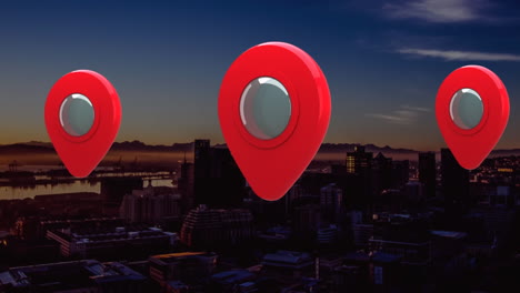 animación de iconos de ubicación con la ciudad en el fondo