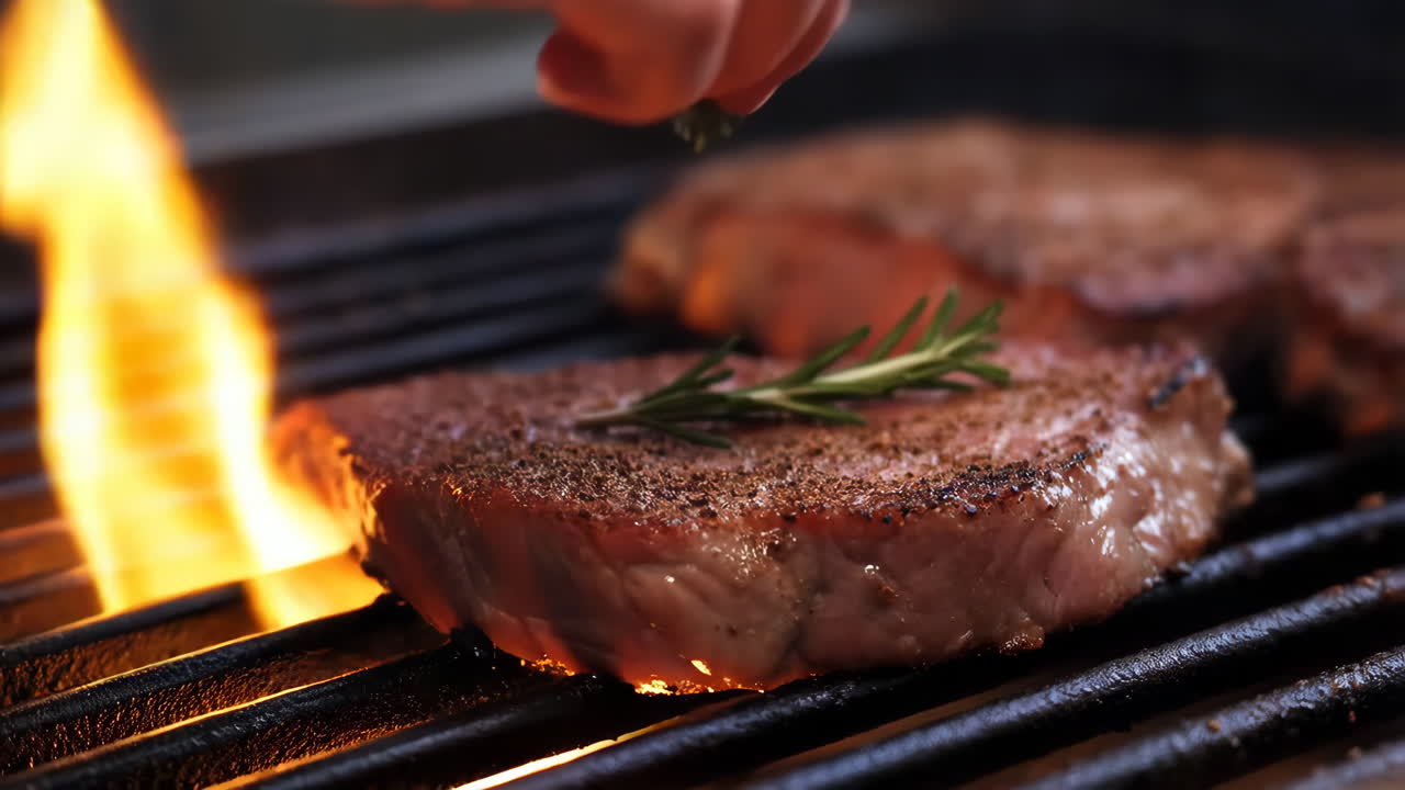 Grilling steak with rosemary