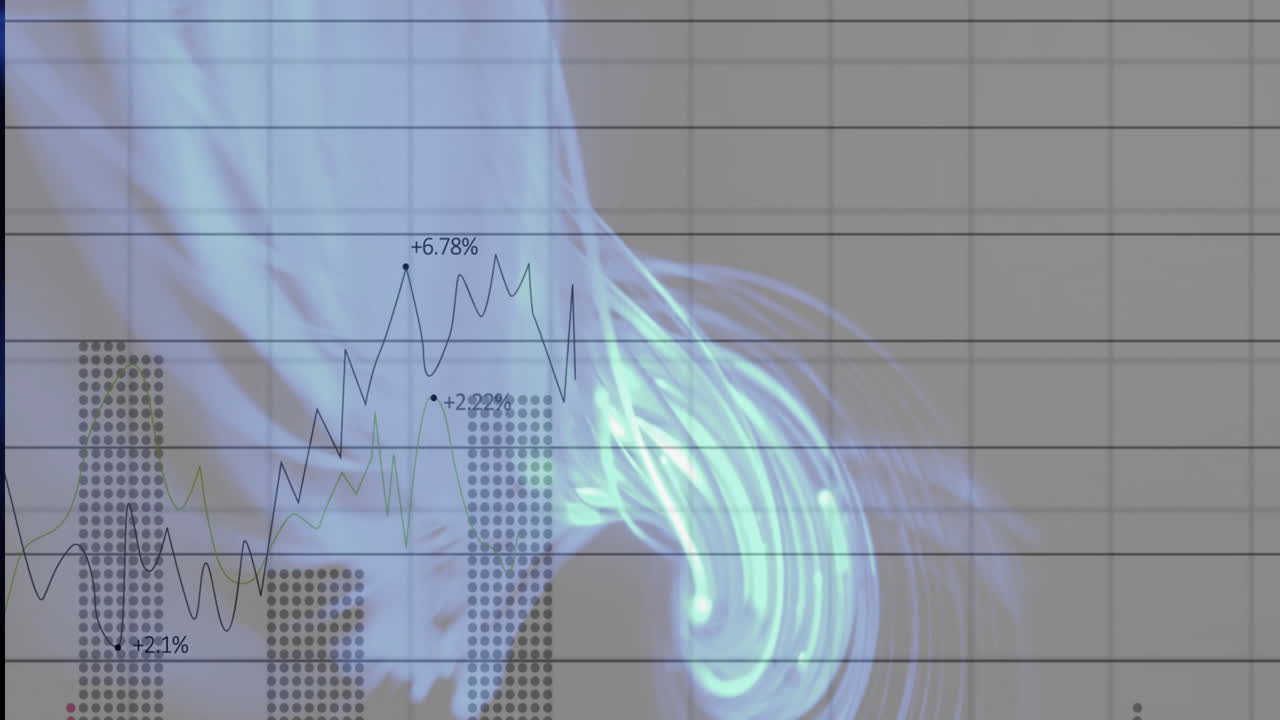 Swirling neon fiber?optic trails dancing over glowing grid, highlighting bar charts and line graphs