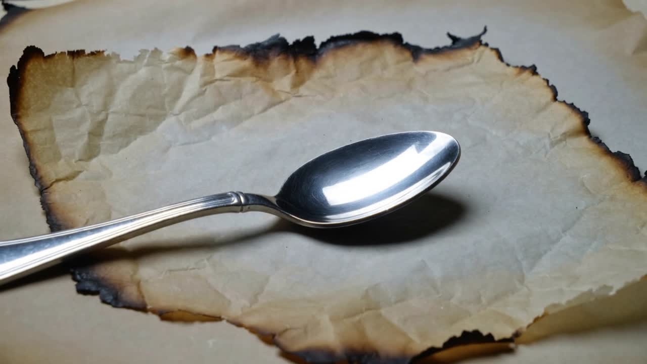 Zooming camera revealing shiny steel spoon on wood table over burnt parchment for full view