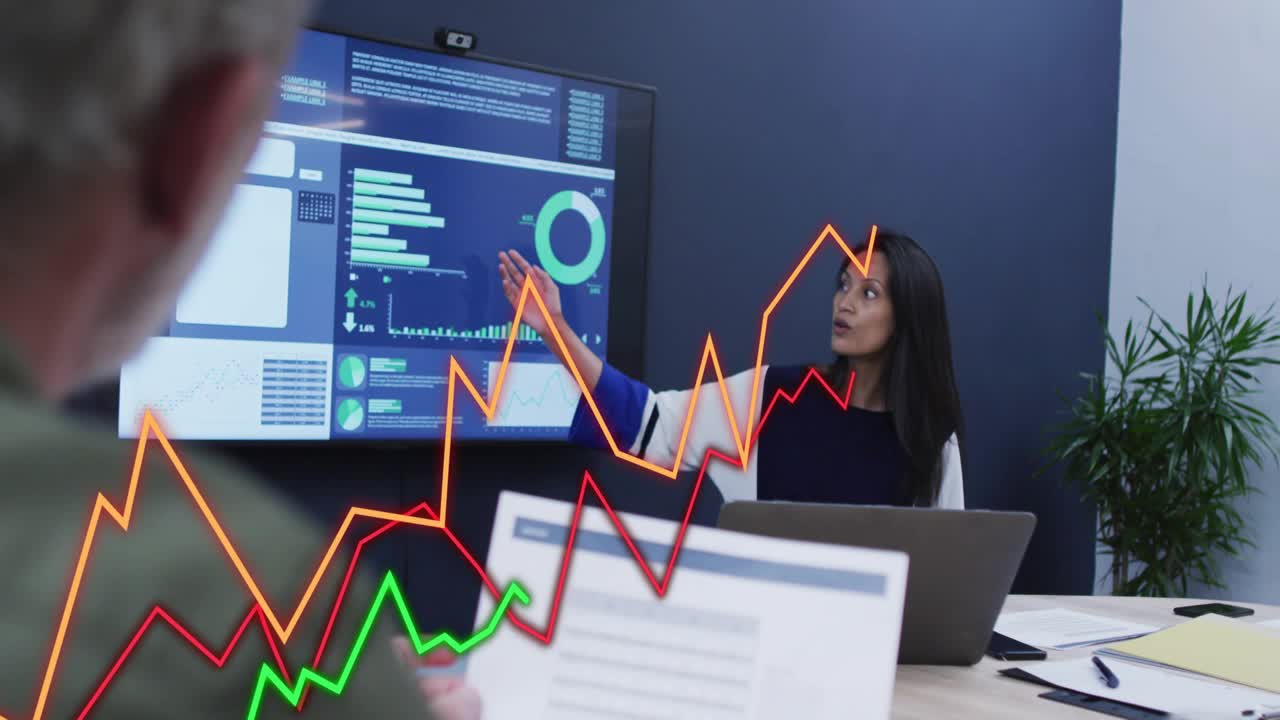 Presenter raising hand and pointing to screen as orange or red or green lines match report held for