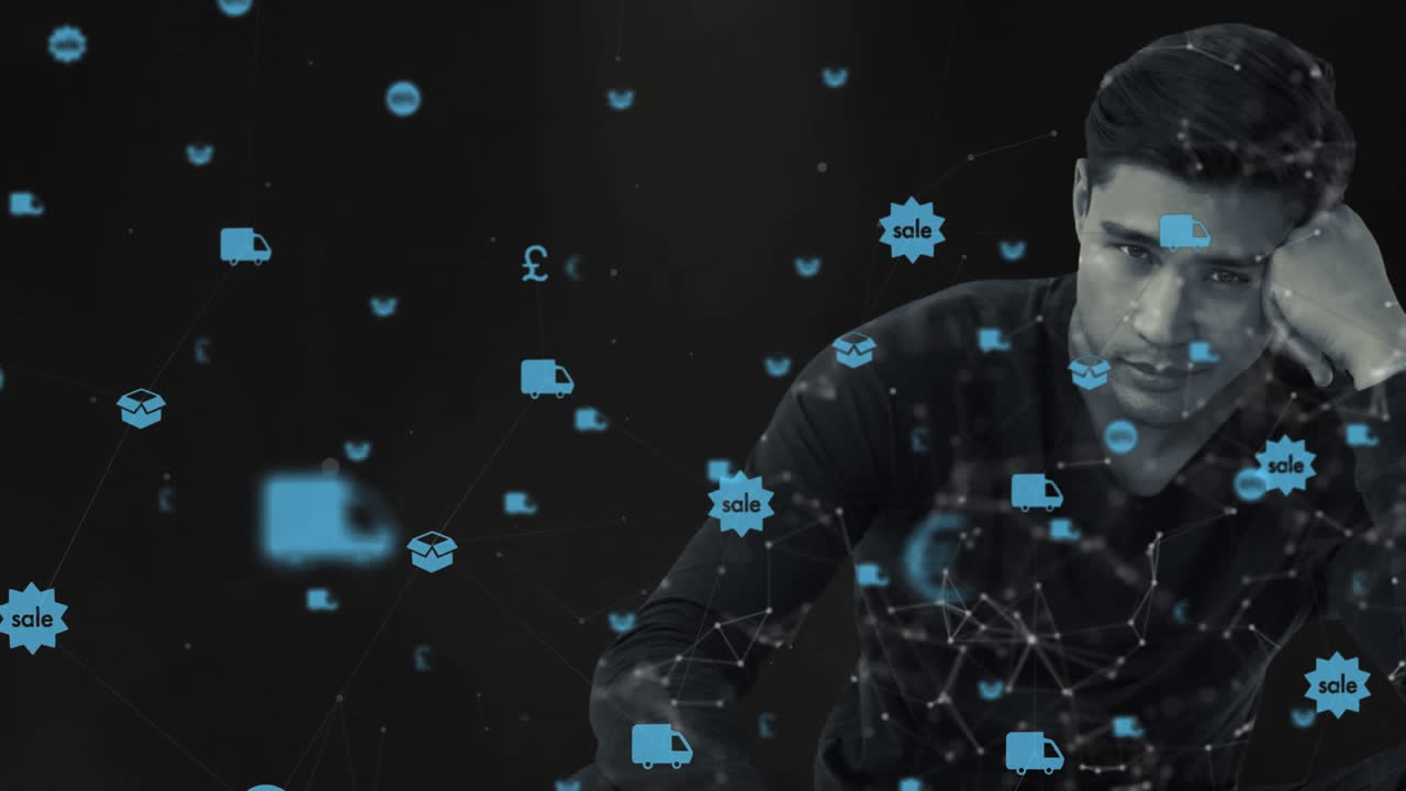 iconos digitales flotando contra el retrato del hombre