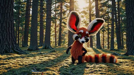 cartoon red panda in a forest at sunrise/sunset