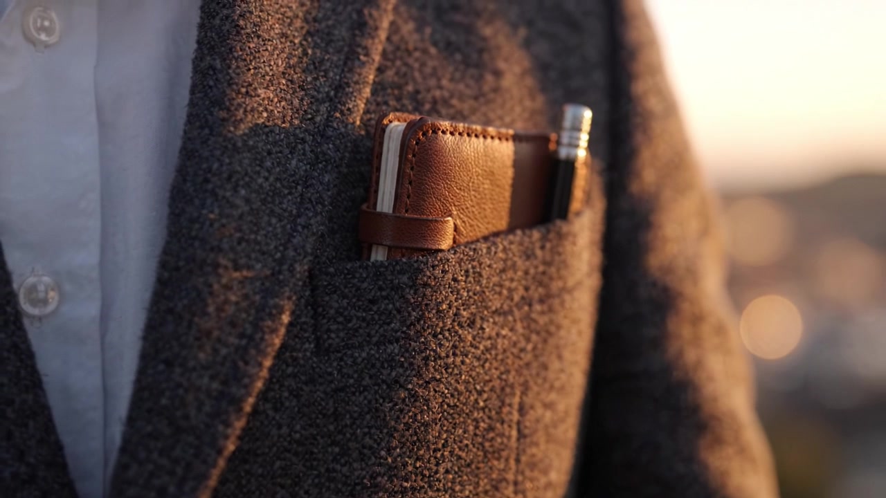 Primo piano di una giacca elegante con taccuino tascabile e penna elegante che evidenzia dettagli di moda sofisticati alla luce della sera.
